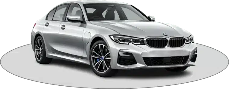 Silver BMW sedan on a white background, viewed from the front-left angle.