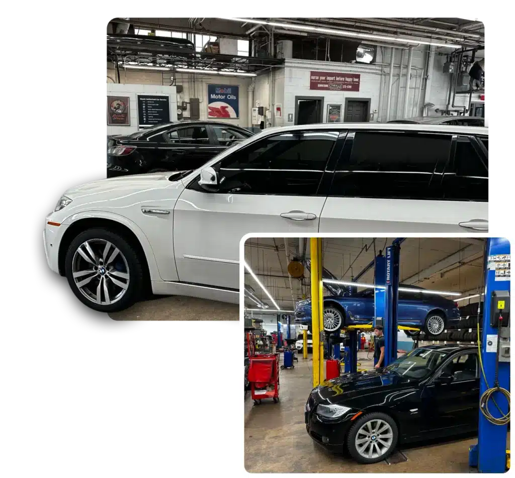 Foreign car repair in Milwaukee, WI. Collage of a white sports car parked and several cars, including a BMW, being serviced on lifts in a German auto repair shop.