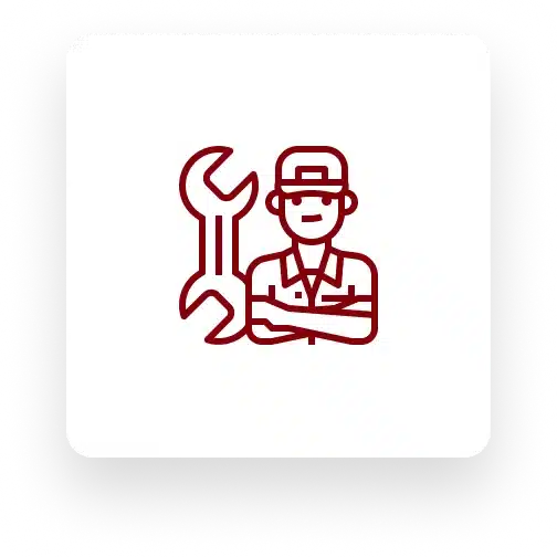 Icon of a mechanic wearing a cap and holding a large wrench, depicted in a simple, red outline style, perfect for representing German auto repair services.