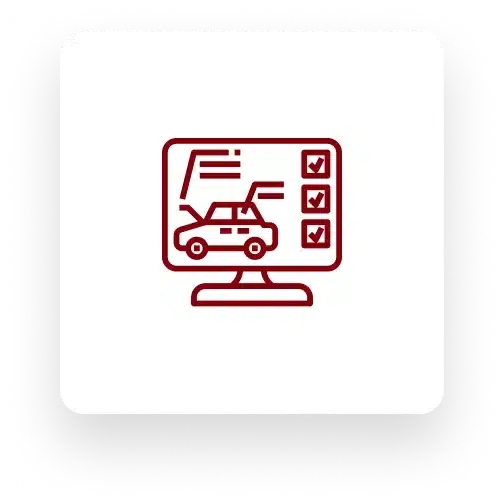 Icon of a computer monitor displaying a checklist and a car, indicating a vehicle inspection or diagnostics report, perfect for showcasing European auto repair services.